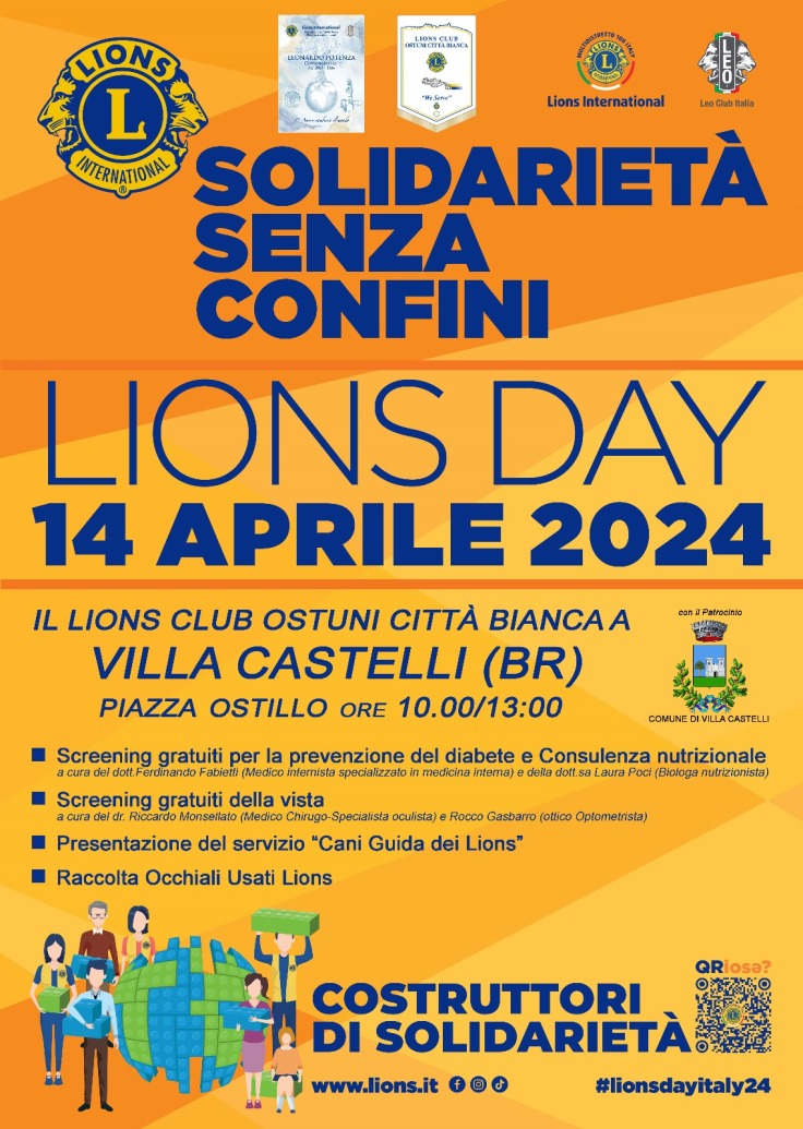Domenica 14 aprile 2024 in Piazza Ostillio, a Villa Castelli, la Giornata Nazionale dei Lions all’insegna della Solidarietà.